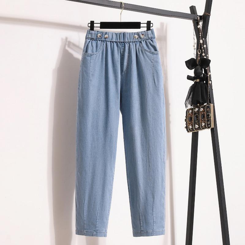 

DIMANAF 2024 Большие размеры, женские джинсы, брюки, джинсовый дизайн, длинные брюки с эластичной резинкой на талии, базовые женские шаровары с высокой талией, большие размеры XL синий