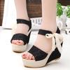 Slope Heel Lace Bow Sandals Cute Sandals Women's Singles Shoes Women's Shoes Spring and Summer New Fish Mouth Beach