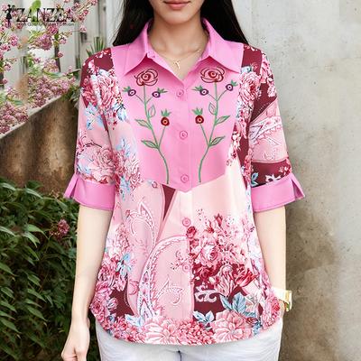 Women Casual Turn Down Collar Half Sleeve Loose Floral Blouse