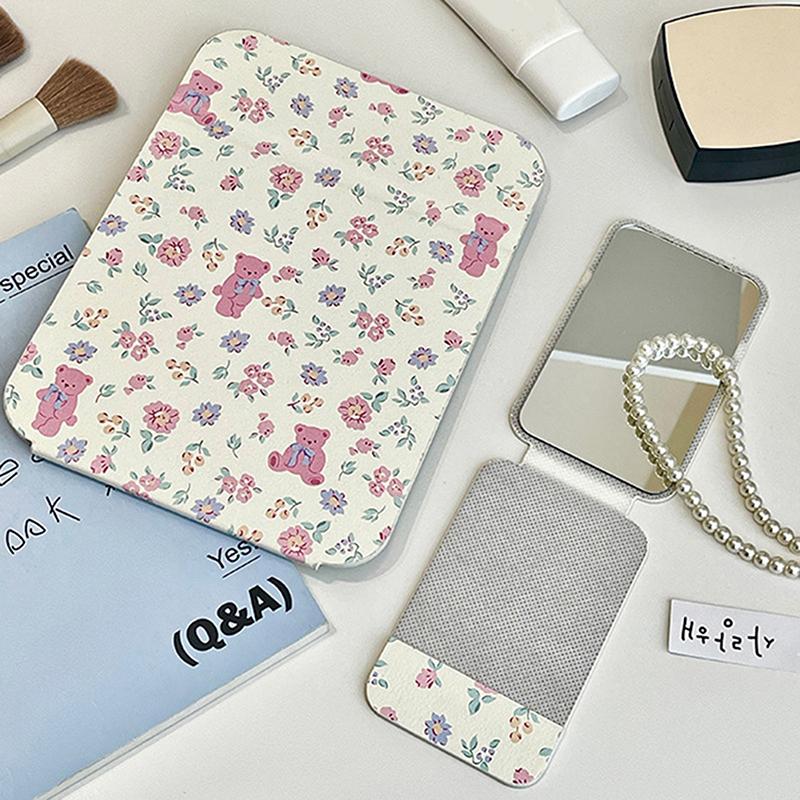 Folding Makeup Mirror High-Quality Portable Desktop Makeup Mirror Single-Side Creative Women Floral Bear Standing Makeup Mirror