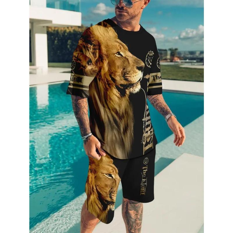 Summer Animal Lion Print Fashionable Comfortable Loose Fit Casual Sports Men's Short Sleeved Sport Wear