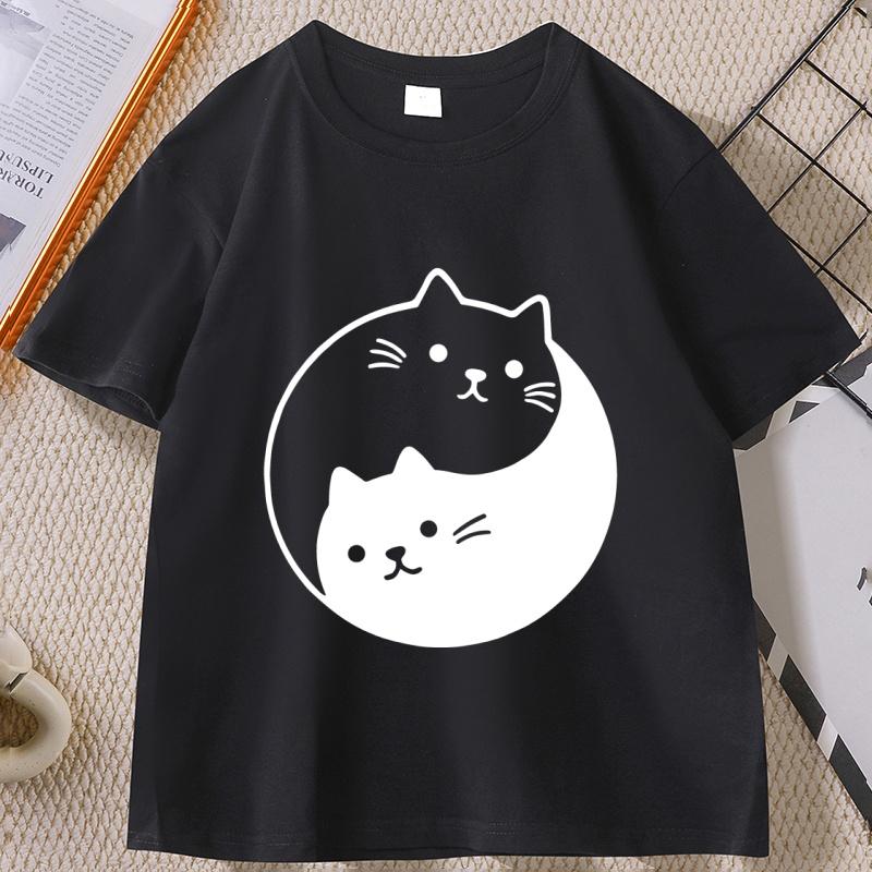 

Yin Yang Cat T-Shirt Funny Cute Kawaii Kittens Tee Cotton Short Sleeve Summer Round Neck Tshirt Streetwear Basic Tees - Men s... S разноцветный