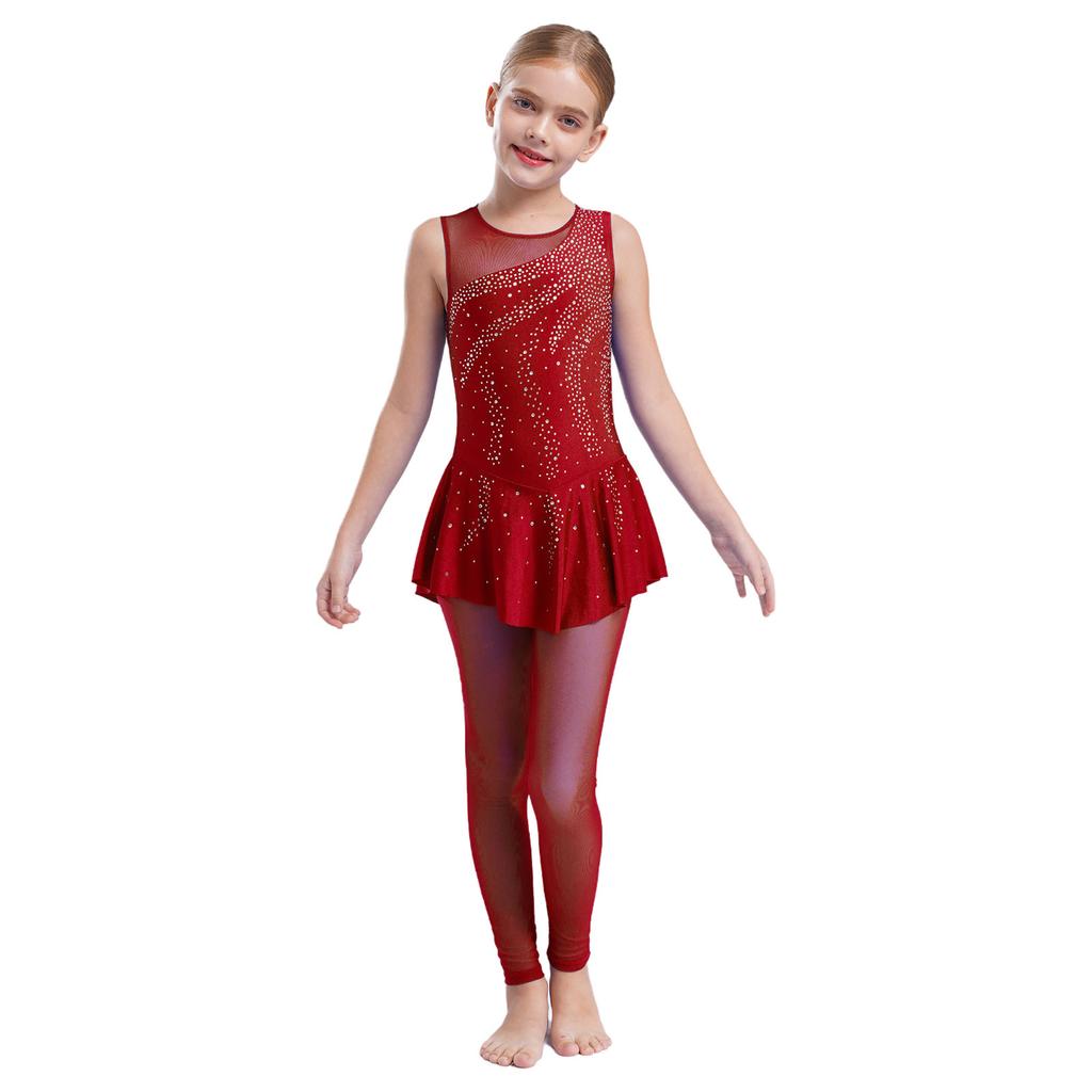 Girls Gymnastics Jumpsuit Shiny Rhinestones Sleeveless Keyhole Back Full Length Skirted Bodysuit