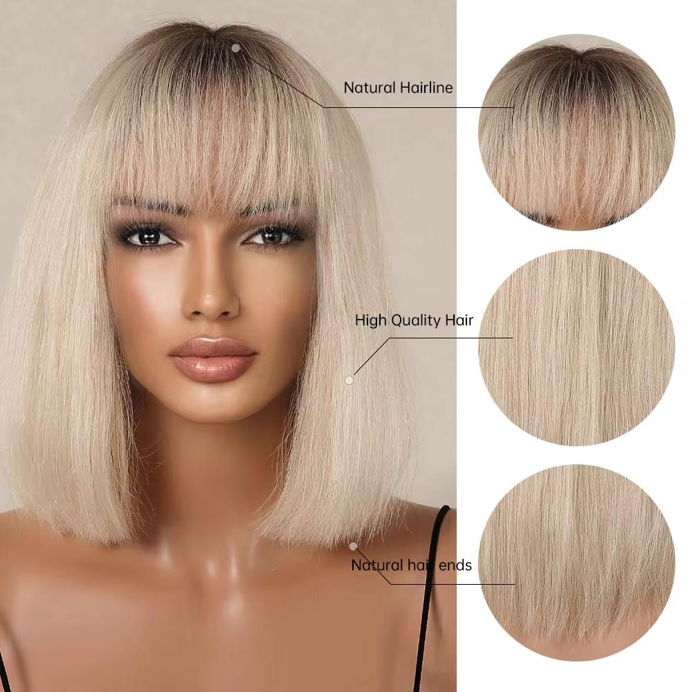 HAIRCUBE Ombre Blonde Bob Human Hairs Wig for Women Straight Short Machine Made Human Hair Wigs with Bangs Natural 10inch Wig Daily Use