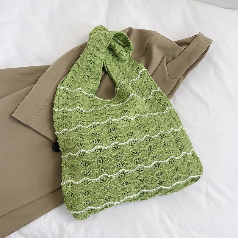 

Вязаная сумка-тоут большой вместимости с полосатым узором, крючком, для пляжного отдыха, женская, ажурная, для покупок, на плечо, KTY 33x30cm зелёный