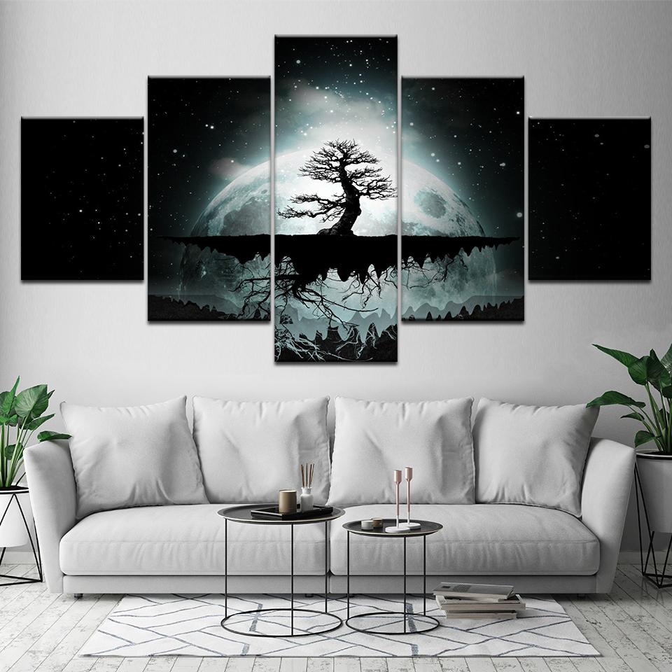 Canvas Painting Tree in larger moon 5 Pieces Wall Art Painting Modular Wallpapers Poster Print for living room Home Decor