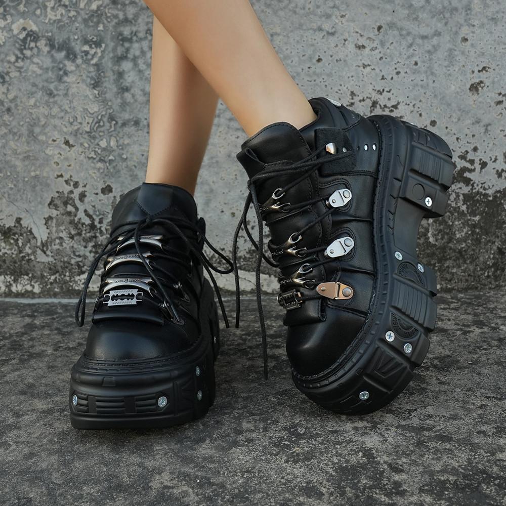 Ghete noi de gleznă pentru femei în stil punk de primăvară, cu șireturi, cu vârf rotund, cu talpă groasă, cu platformă, Botas Mujer, Adidași negri pentru bărbați