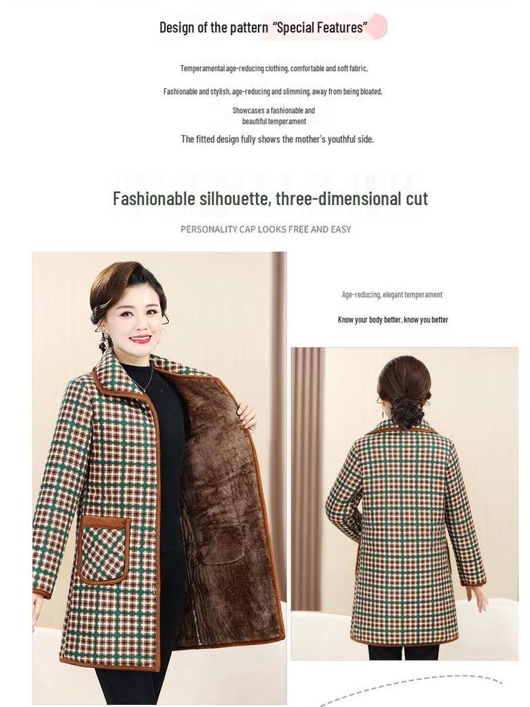 Mom's Warm Plaid Velvet-Enhanced Winter Coat for Mid-Aged Women