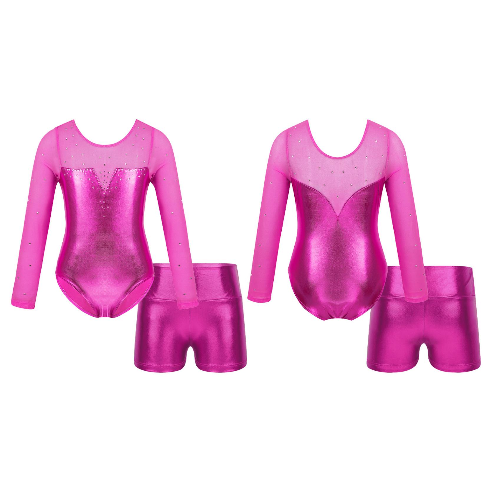 

Детский комплект танцевальной одежды для девочек, купальник с длинными рукавами и круглым вырезом, блестящий декор со стразами, комбинезон и шорты 5-6 Years ярко-розовый