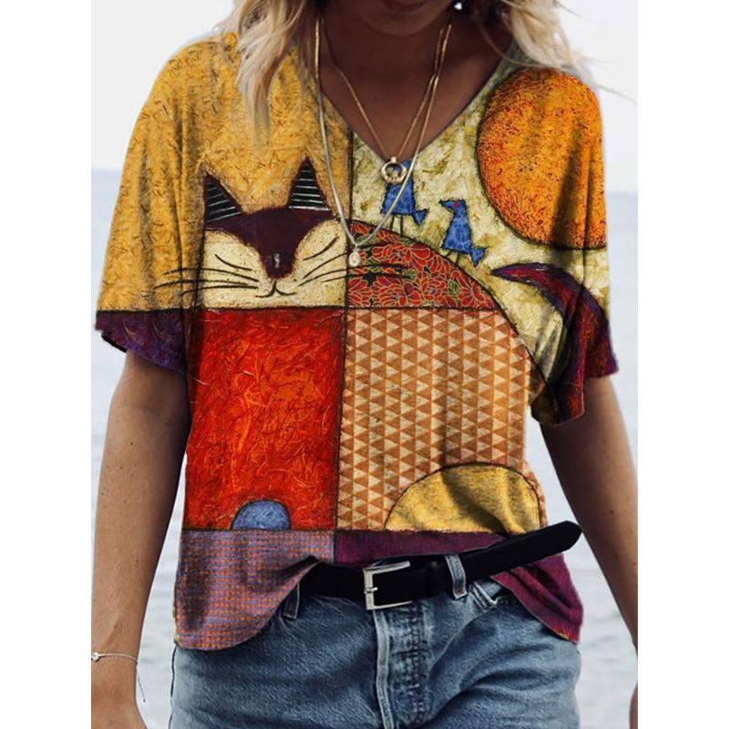 Summer V-neck 3D Cat Flower Colorful Printed Top Fashionable Casual Short Sleeved Women's T-shirts