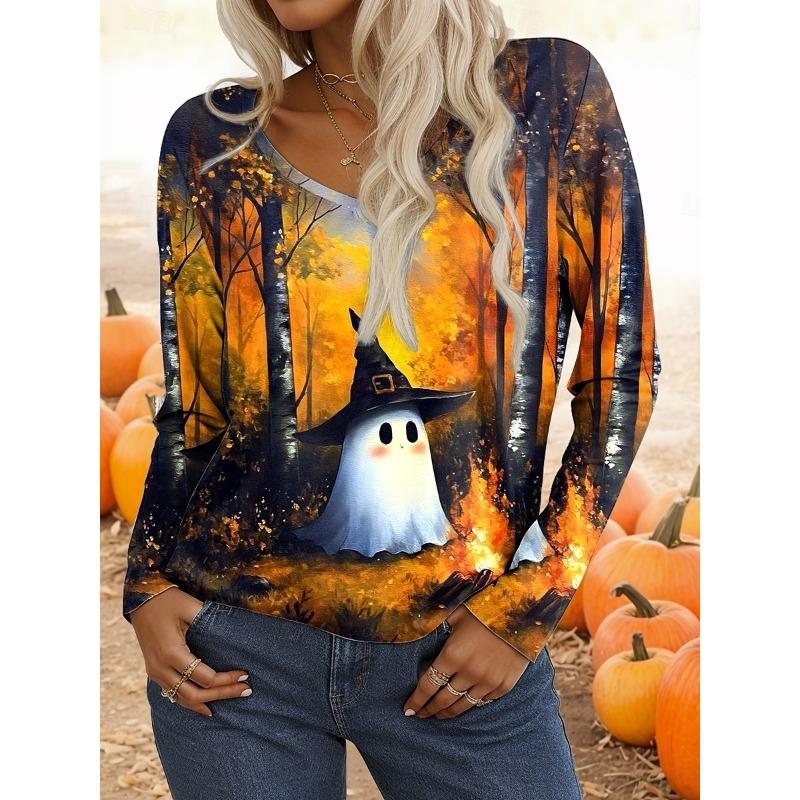 2025 Halloween Women's T-Shirts Graphic Pumpkin Elegant Vintage Tees Long Sleeve T-shirts V-Neck Regular Tops Casual Pullover