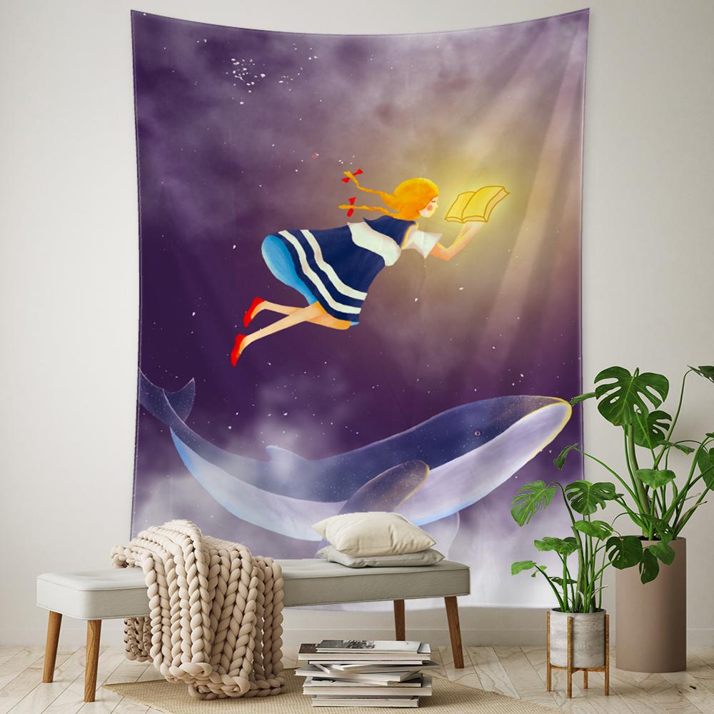 Cartoon Whale Tapestry Wall Hanging Kawaii Boho Psychedelic Witchcraft Art Aesthetic Room Home Decor