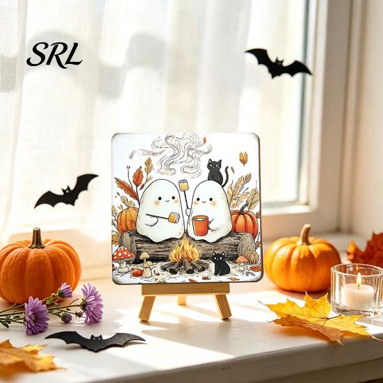 Festive Home Decor for October Halloween Wood Tabletop Sign with Mini Easel, Cute Pumpkin Ghost Decorative Party Table Centerpieces Plaque,