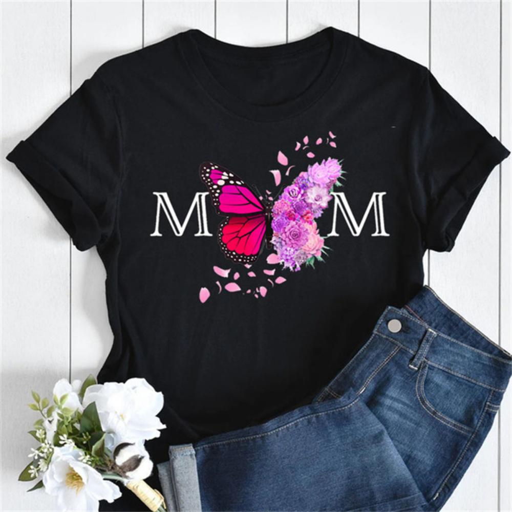New Women T Shirt Fashion MOM Butterfly Floral Print Tshirt Casual Short Sleeve Tops Tee Women T-shirts 90s Lady Female T Shirt