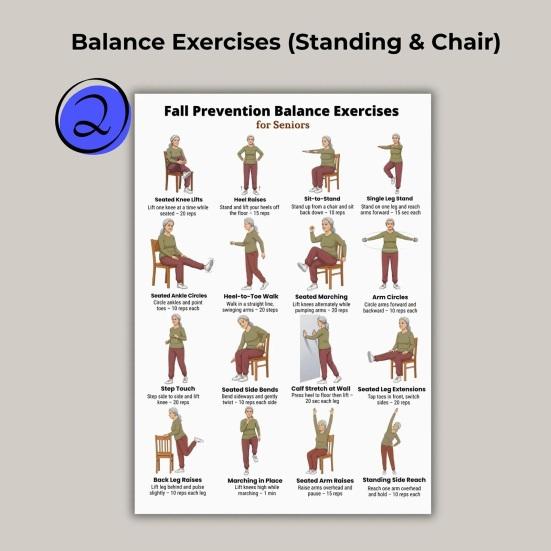 5Pcs Chair Balance Stretch Yoga Exercise Poster Set for Seniors Low-Impact Home Workout Plan for Elderly Anti-Fall & Mobility Guide Fitness Wall Art