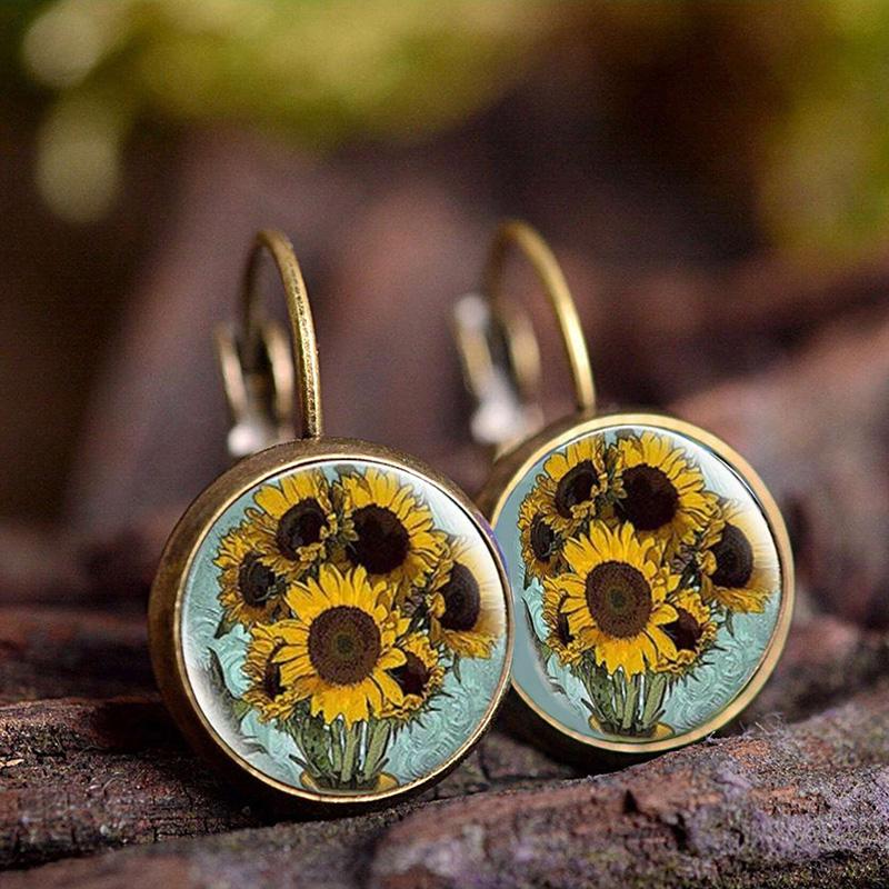Vintage Anitique Gold Plated Starry Night Sunflower Glass Earrings For Women Classic Van Gogh Jewelry Accessories