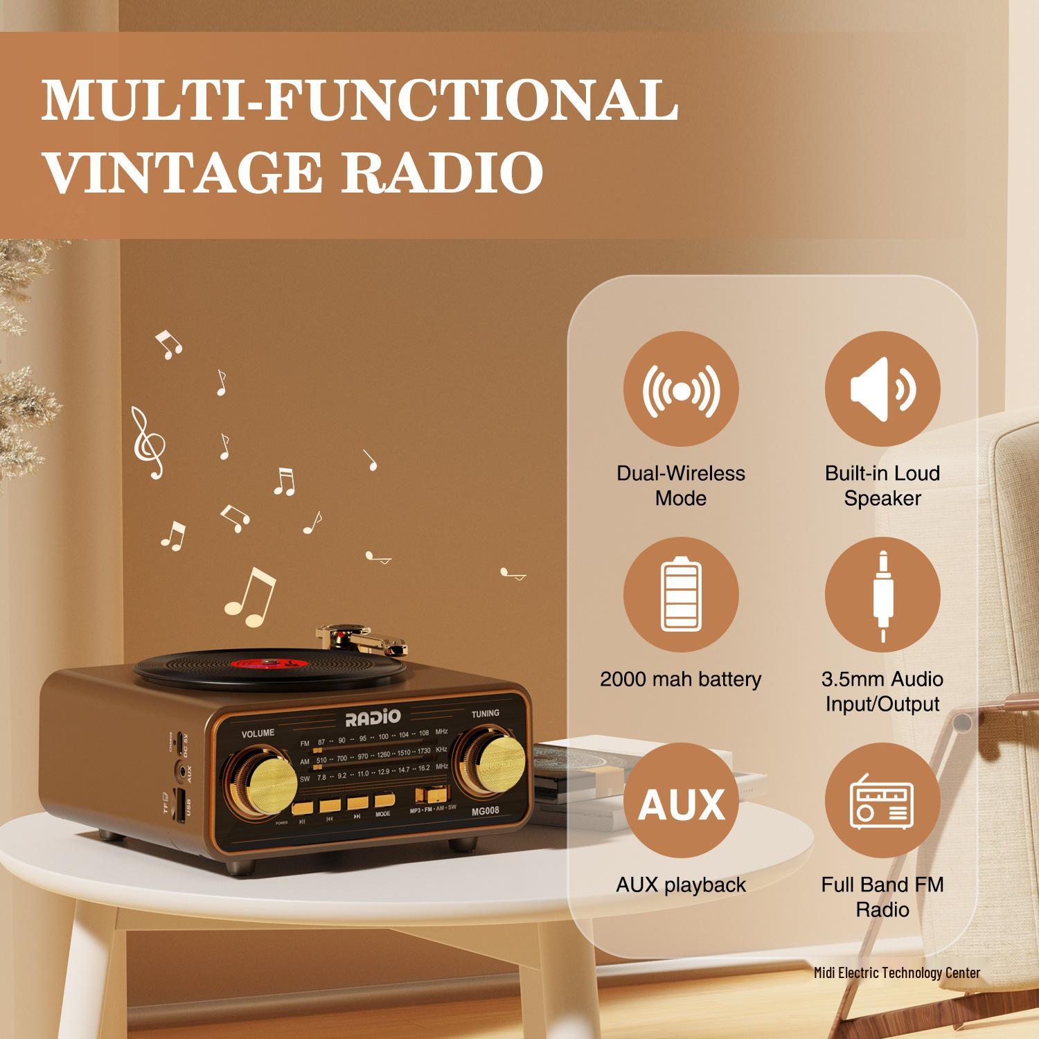

Vintage-Style Multi-Band Bluetooth Speaker/Gramophone темно-коричневого кольору