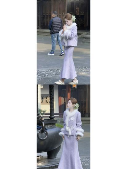 2025 Winter Women's Chic Furry-Trim Chinese Style Jacket & Skirt Set
