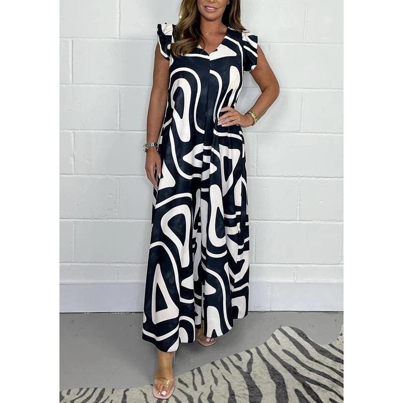 

Летний новый стиль женский комбинезон с широкими брюками и рукавами-лепестками лотоса на шнуровке с принтом, повседневный FY-88019 S чёрный