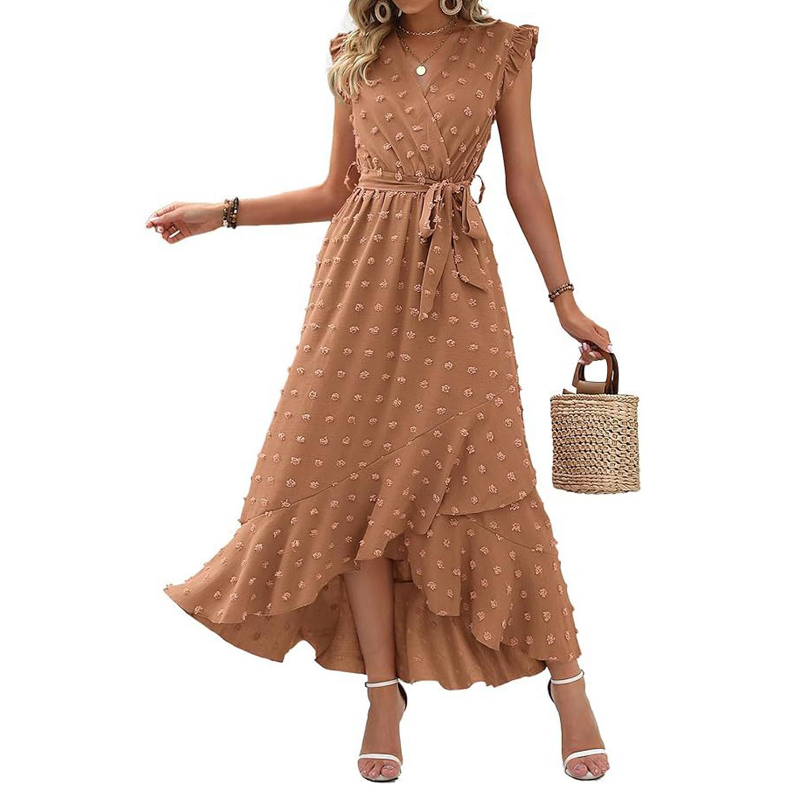 

Женские летние модные платья с оборками на рукавах, однотонные, в горошек, в стиле бохо M хаки