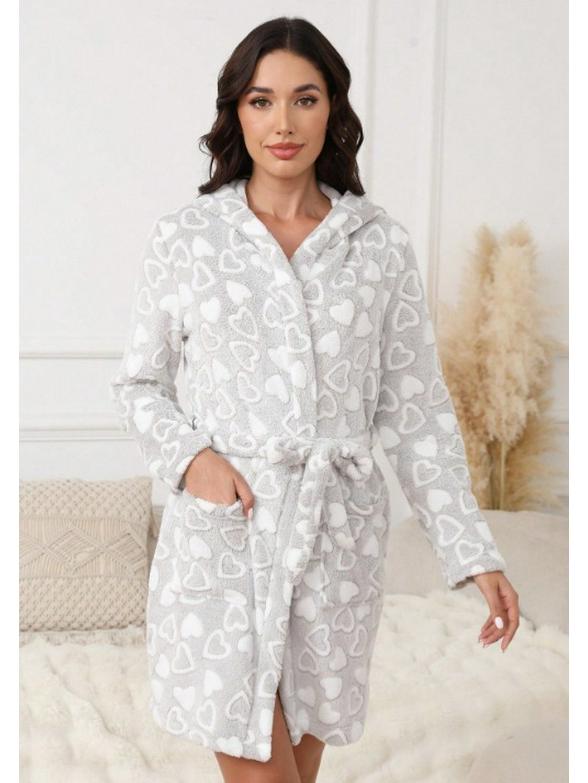 2025 Populární evropské a americké útulné nadýchané županové pyžamo s kapucí na podzim/zimu - krátký rukáv, jednobarevné.