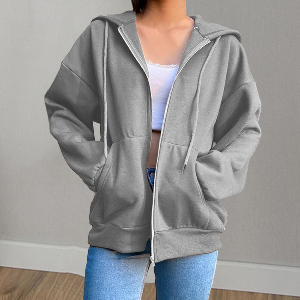 Ladies Fall Winter Coat Solid Color Loose Zip Up Pockets Long Sleeve Drawstring Hooded Elastic Cuff Lady Hoodie Jacket
