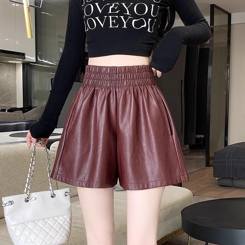 Women's PU Leather High-Waist A-Line Shorts - Slimming, Versatile, Wide-Leg, Korean Style for 2024 Autumn/Winter.