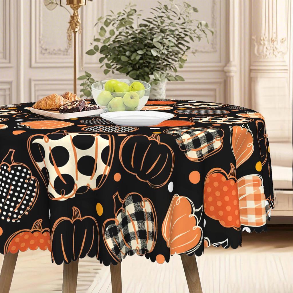 1 Halloween Tablecloth - Vintage Polka Dot Pumpkin, Durable Polyester Fabric For Round And Rectangular Dining Tables