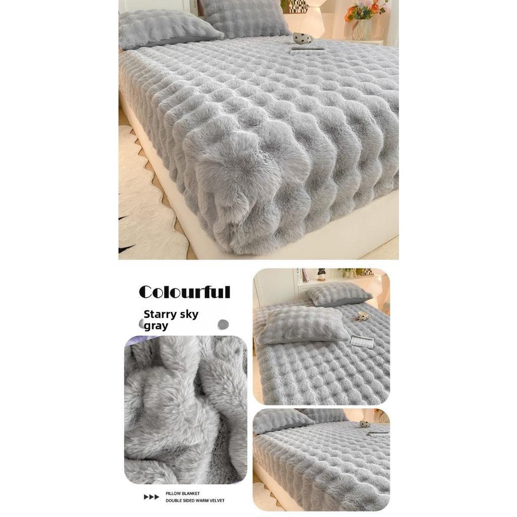 Solid Color Rabbit Like Plush Bed Sheet, 30cm Deep Pocket Design,Fully Wrapped Anti Slip Mattress Protective Cover,Thick and Warm In Autumn and Winter