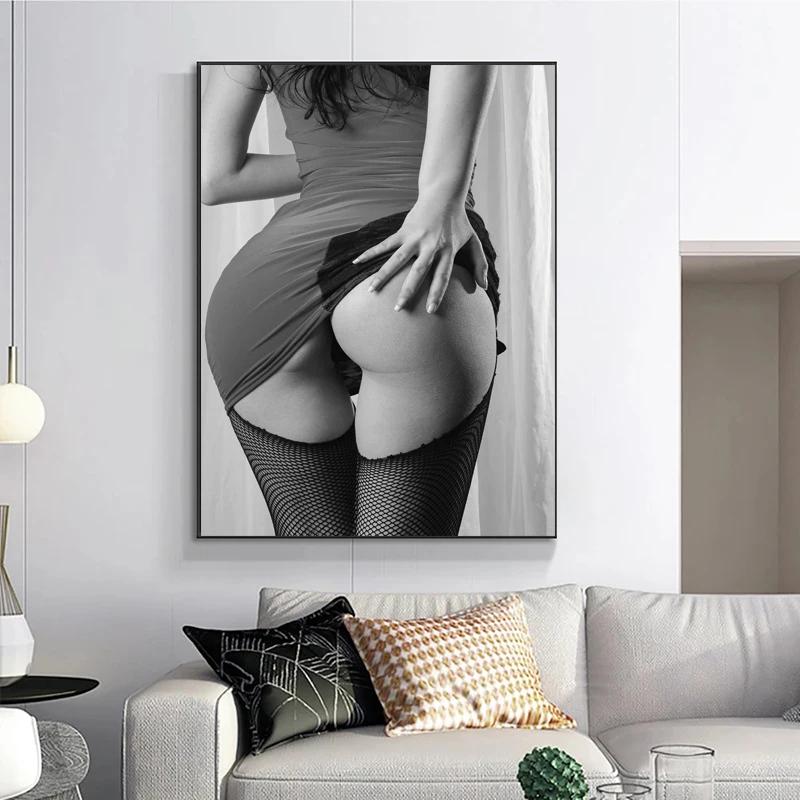 Modern Black and White Sexy Nude Woman Canvas Painting Wall Art Sexy Buttocks Posters and Prints Porch Room Wall Decor Large