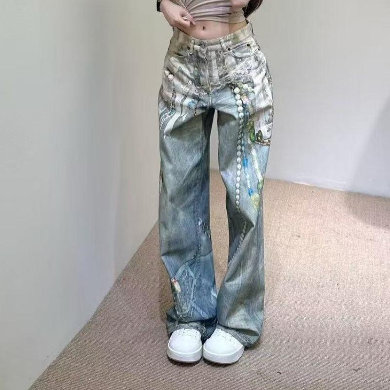 ROADVIBE Y2k Jeans Baggy Mode Nouveau Produit Dentelle Imprimée en 3D Chaîne Perle Pantalon Droit Femmes Pantalon Jeans Taille Haute pour Femme