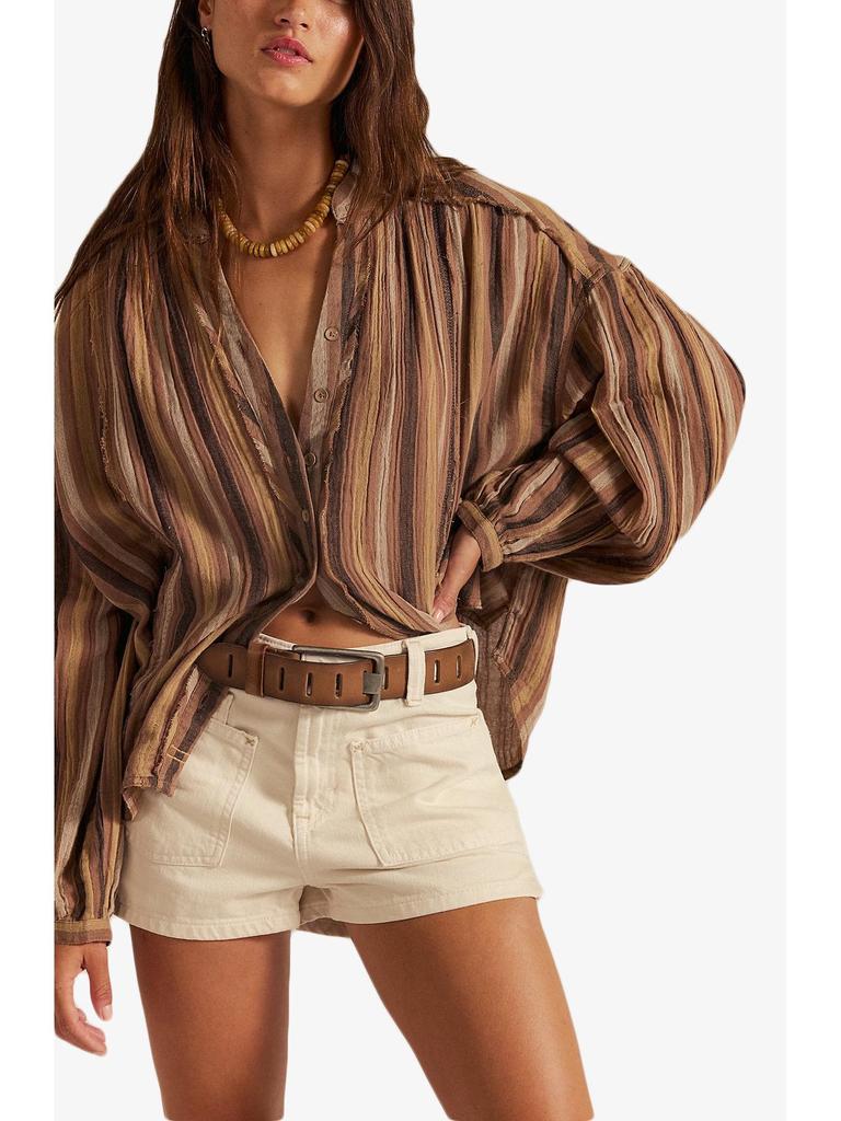 Cardigan chemise à manches longues rayé ample pour femme, style littéraire d'été