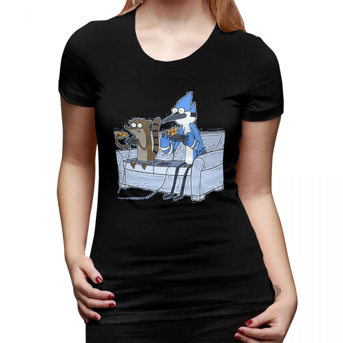 

Mordecai And Rigby Pizza And Video Games TShirt for Women Round Neck Streetwear T Shirts Womens Tees Short Summer Clothes Tops 4XL