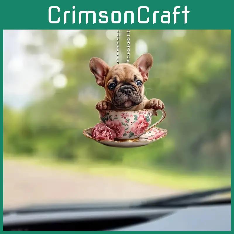 Unique Acrylic Dog Tea Cup Car Charm Decorative Pendant For Stylish Vehicle Interiors