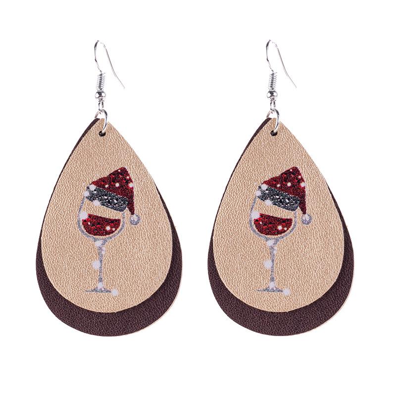Christmas Double-Layer Wine Glass Leather Earrings In Stock