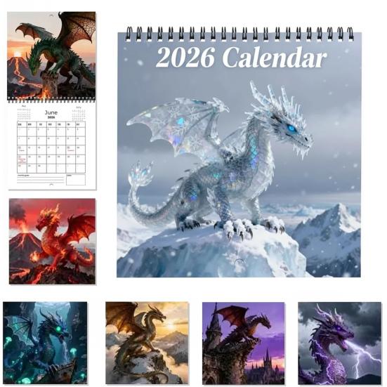 Väggkalender med drakfantasi 2026, månadsplanerare med 12 detaljerade drakillustrationer, spiralbindning