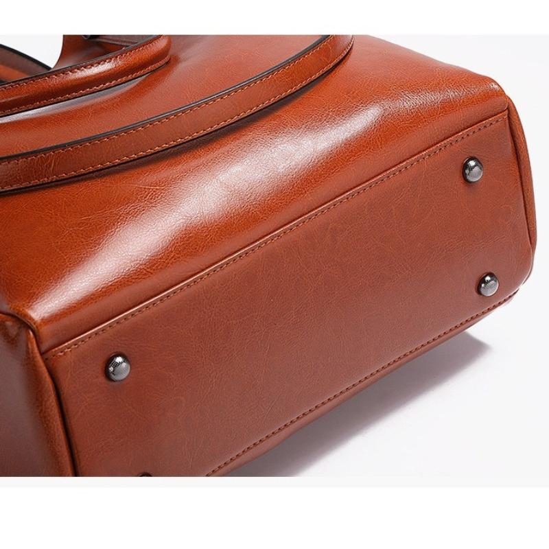 Genuine Leather Women's Bag Wax Leather Large Capacity Bucket Bag New Solid Color Fashionable Shoulder Bag Commuter Crossbody