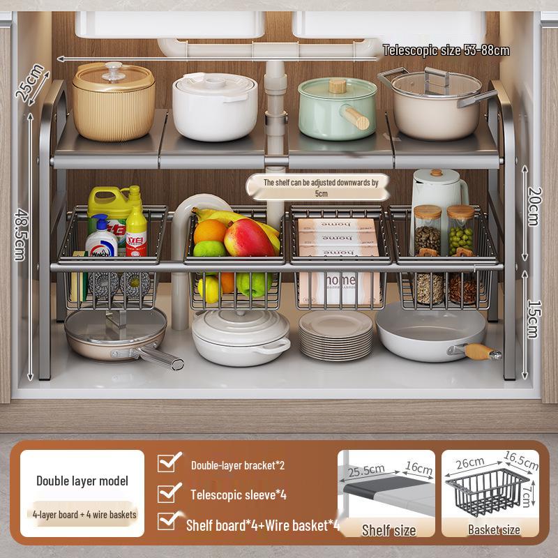 Rozšiřitelný kuchyňský úložný regál: Podumyvadlová police na organizér na nádobí