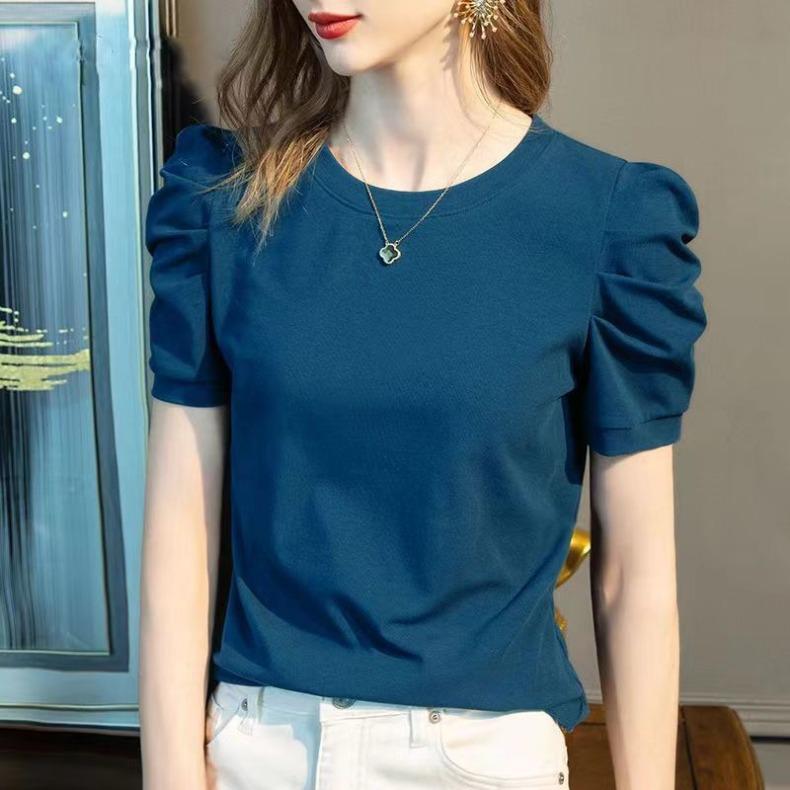 Summer Short Sleeve Tee Women's French Style Bubble Sleeve Top