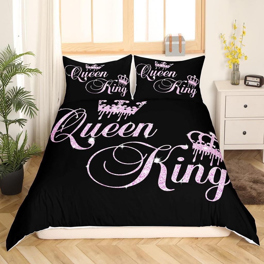 Crown Queen and King Couple Duvet Cover His and Hers Bedding Set Pink Comforter Cover Lover Romantic Valentine's Day Quilt Cover