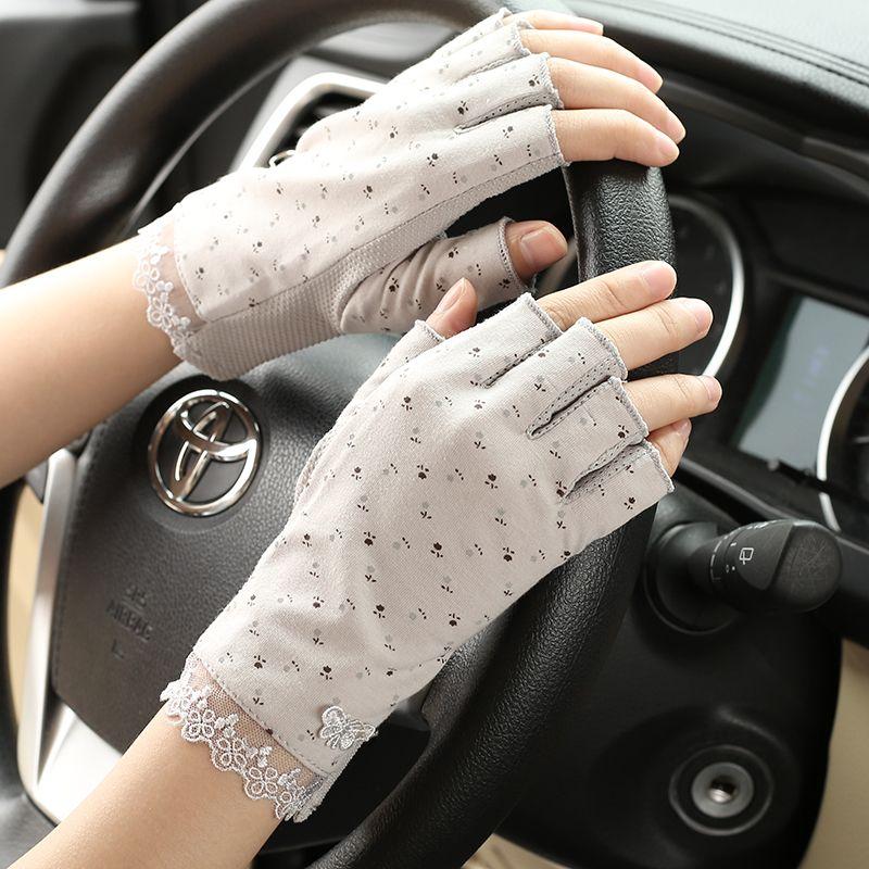 

Summer Open Finger Gloves Sunscreen Thin Pure Cotton Women Driving Riding Non-Slip Tea Picking Gloves Leaky Five-Finger Touch Screen Manicure Grey All yards
