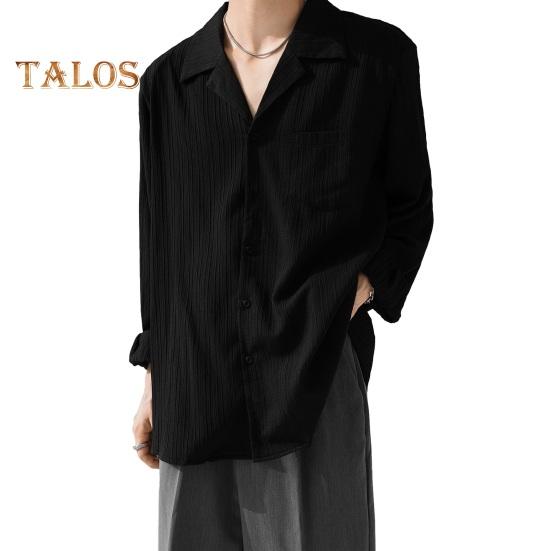 

Мужская рубашка с кубинским воротником, длинным рукавом, в полоску, текстурированная, на пуговицах, свободная посадка, однотонная повседневная рубашка для повседневной носки, работы и отдыха M чёрный