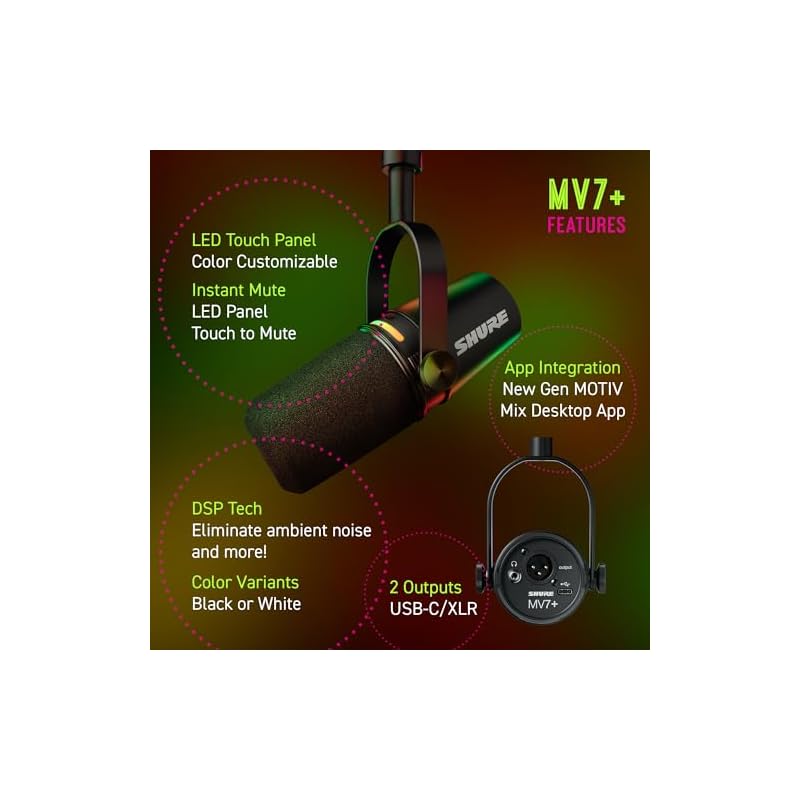 Shure MV7+ Podcast Microphone with Enhanced Audio, LED Touch Panel, USB-C & XLR Output, Auto Level Mode, Digital Pop Filter, Reverb Effect, for