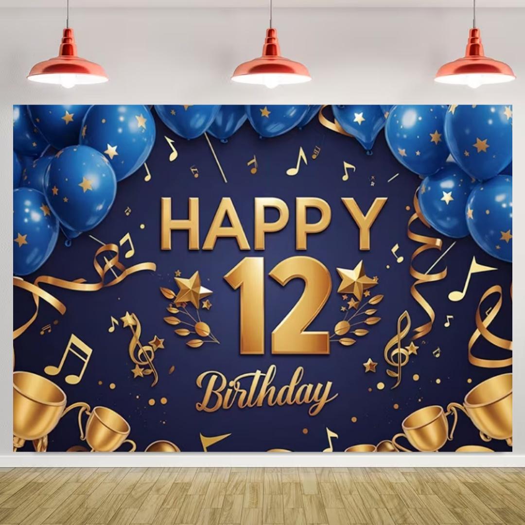 

Happy 12th Birthday Banner Black Gold Balloon Background Party Decoration Boys Girls Birthday Photography Backdrop Kids Gifts 200x150cm