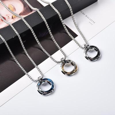 Men's Three-Ring Trendy Hip Hop Pendant Necklace, Japanese-Korean Style, Titanium Steel Sweater Chain Jewelry.