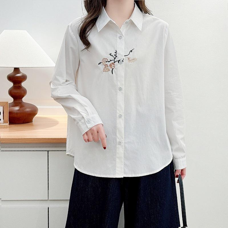 K72 Plus Size Women's Spring 2026 Korean-Style Embroidered Stretch Long Sleeve Slimming Shirt 1215