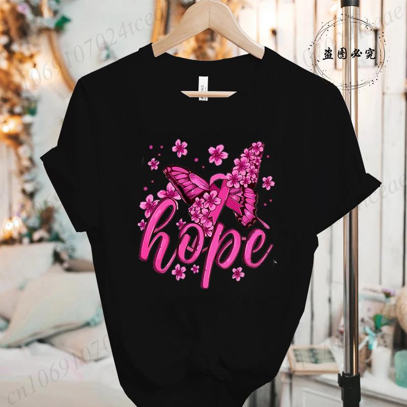 Hope Pink Ribbon Butterfly Breast Cancer Awareness Warrior Print Women's T-Shirt,Graphic Tee Tops,Casual Streetwear Fashion Tops