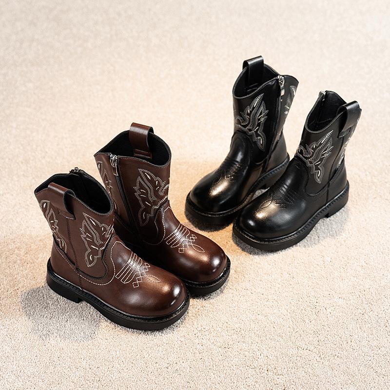 American Retro Girl Boots Princess Embroidery New Leather Boots Children Fashion Leather Boots Knight Boots