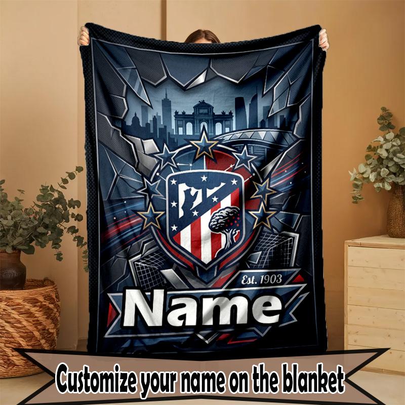 Custom Name Personalized Atletico Madrid Print Blanket, Home Decor, Bedroom, Sofa, Camping, Couch, Gifts for Birthday Christmas
