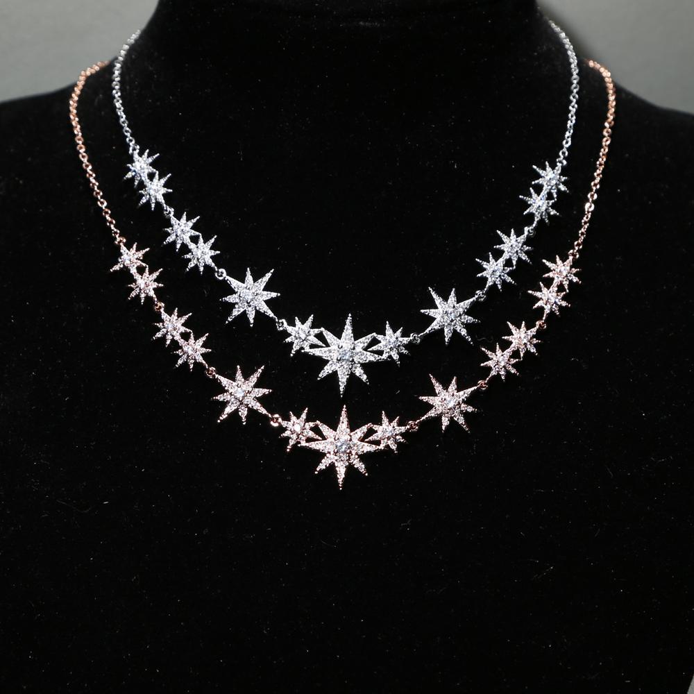High Quality Iced Out Bling Sparking Clear Cubic Zirconia CZ Paved Star Starburst Charm Choker Necklace For Women
